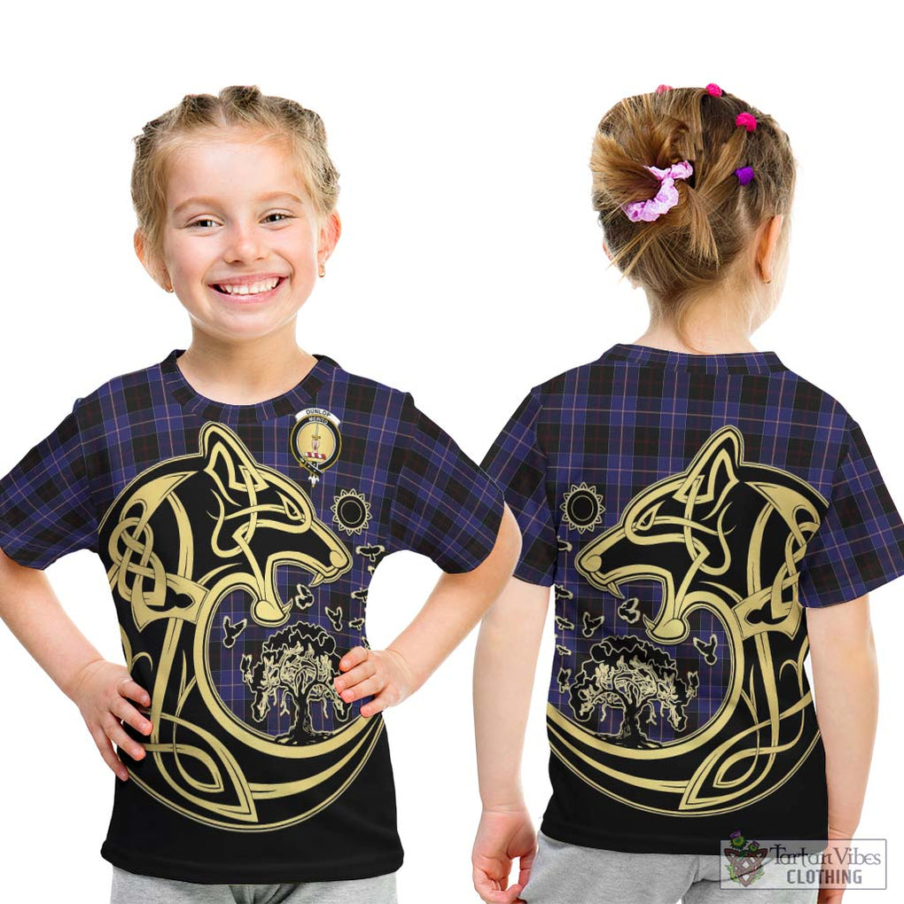 Dunlop Tartan Kid T-Shirt with Family Crest Celtic Wolf Style - Tartan Vibes Clothing