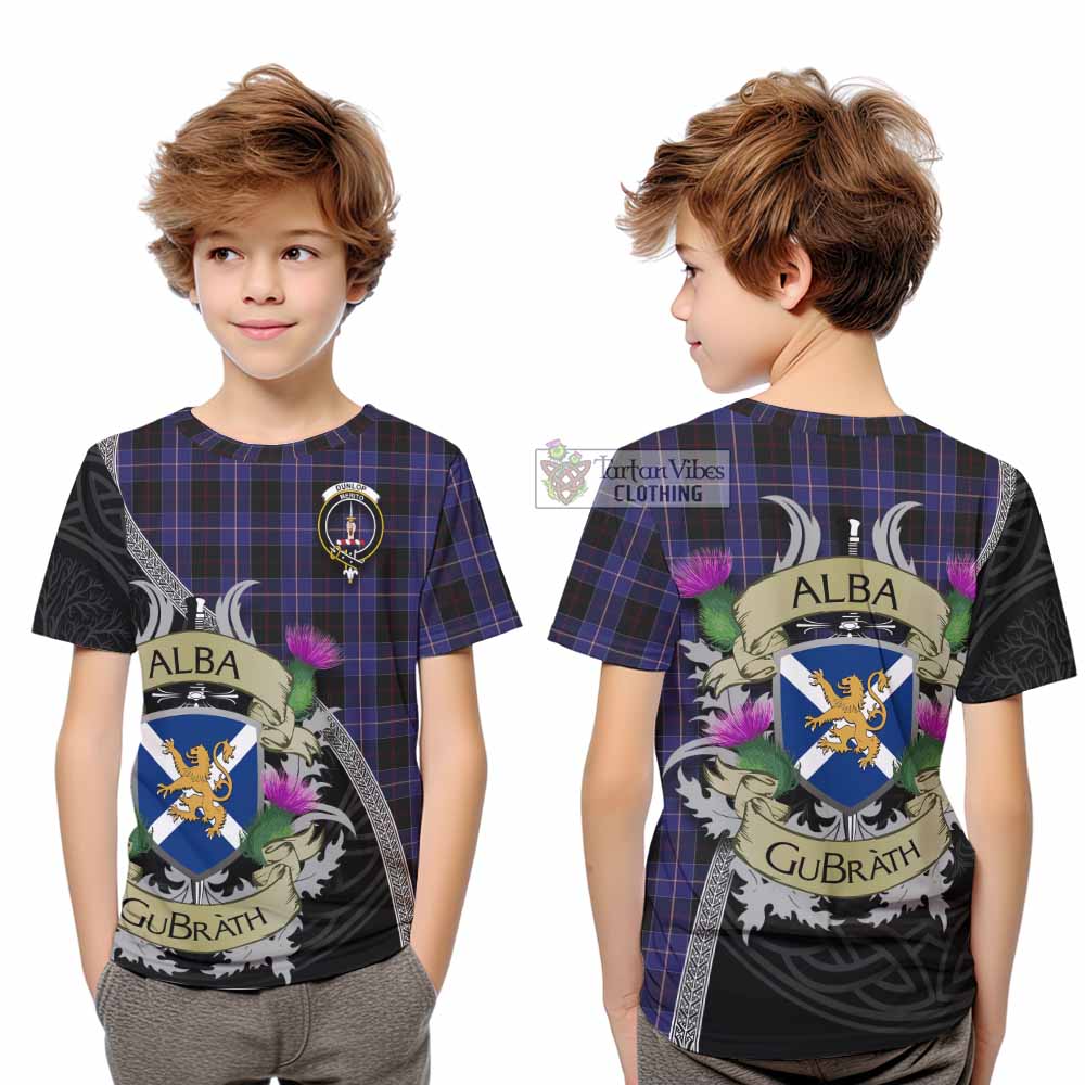 Tartan Vibes Clothing Dunlop Tartan Family Crest Kid T-Shirt Lion Rampant Royal Thistle Shield Celtic Inspired
