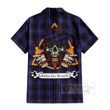 Dunlop Tartan Hawaiian Shirt with Family Crest and Bearded Skull Holding Bottles of Whiskey