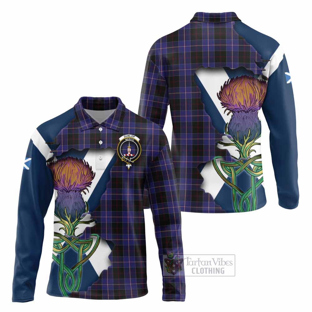 Tartan Vibes Clothing Dunlop Tartan Family Crest Long Sleeve Polo Shirt Scottish Thistle Celtic Inspired