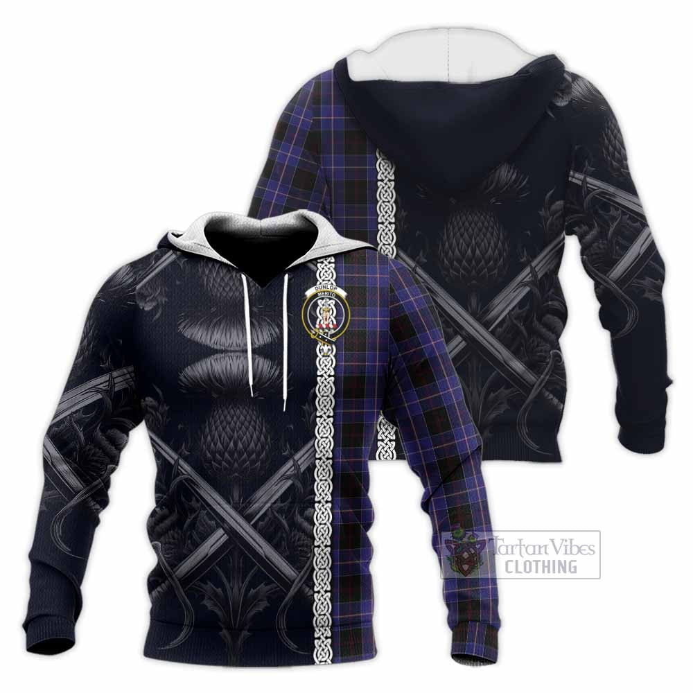 Tartan Vibes Clothing Dunlop Tartan Knitted Hoodie with Family Crest Cross Sword Thistle Celtic Vibes