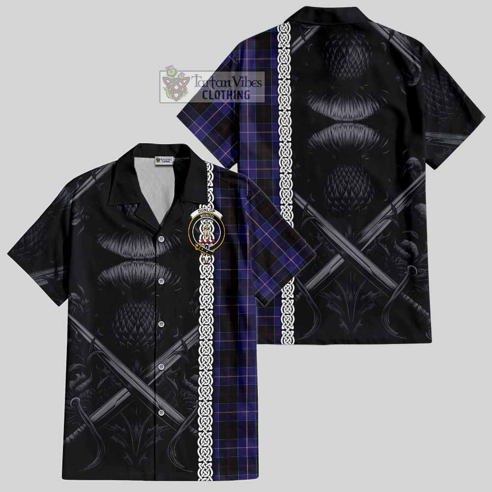 Tartan Vibes Clothing Dunlop Tartan Short Sleeve Button Shirt with Family Crest Cross Sword Thistle Celtic Vibes