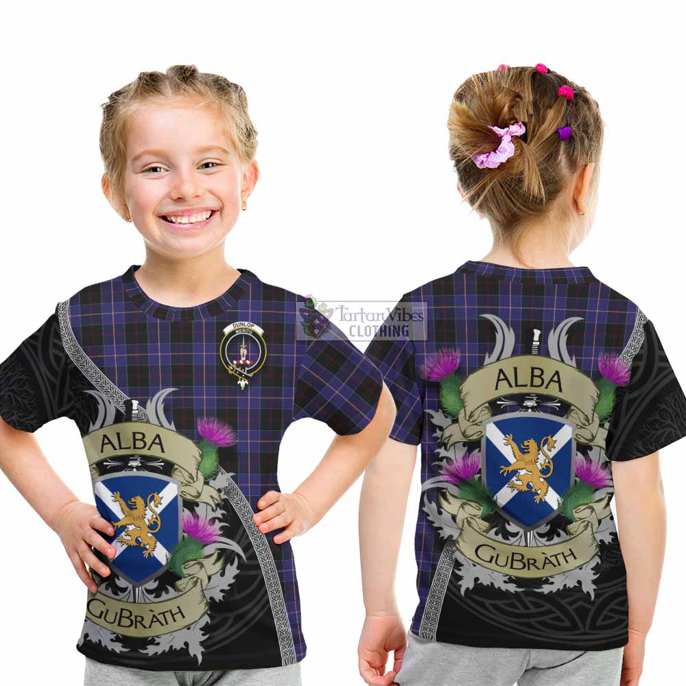 Tartan Vibes Clothing Dunlop Tartan Family Crest Kid T-Shirt Lion Rampant Royal Thistle Shield Celtic Inspired