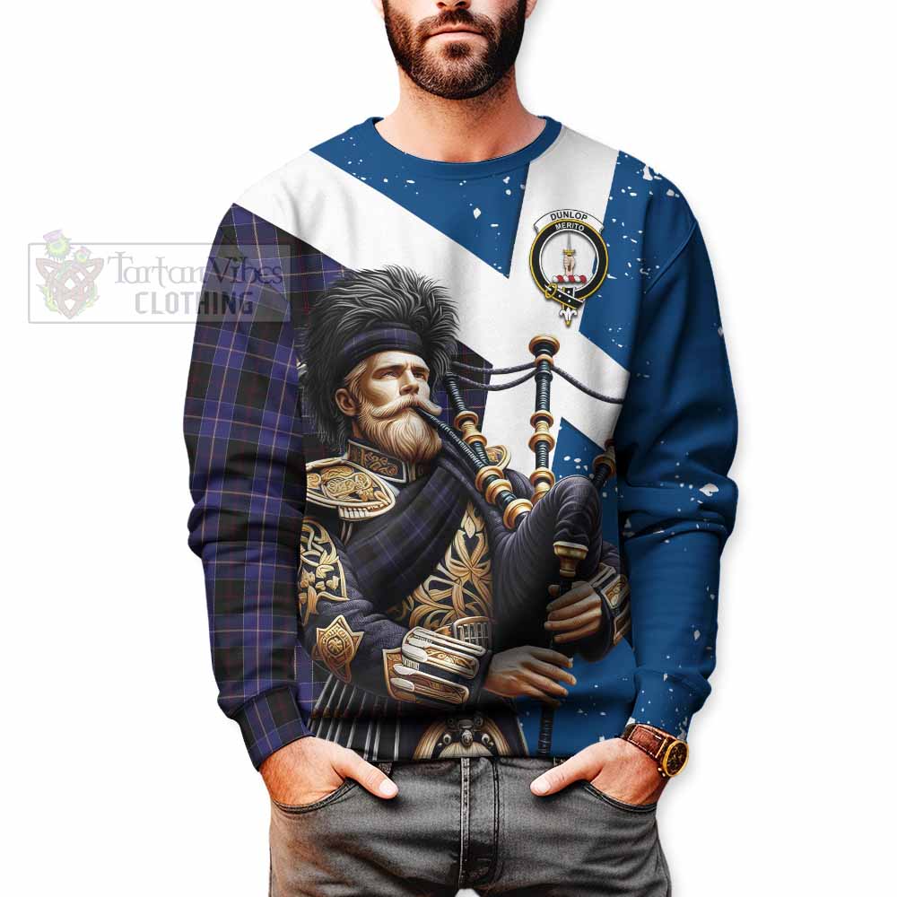 Tartan Vibes Clothing Dunlop Tartan Sweatshirt with Family Crest Scottish Bagpiper Vibes