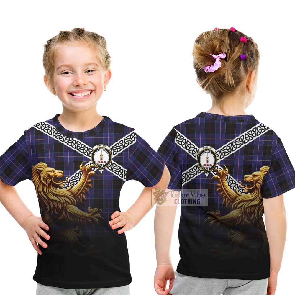 Tartan Vibes Clothing Dunlop Crest Tartan Kid T-Shirt with Golden Lion Emblem Celtic Style