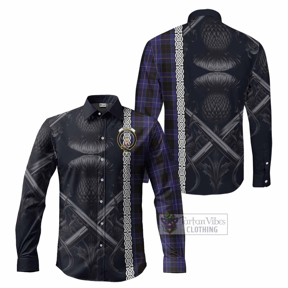 Tartan Vibes Clothing Dunlop Tartan Long Sleeve Button Shirt with Family Crest Cross Sword Thistle Celtic Vibes