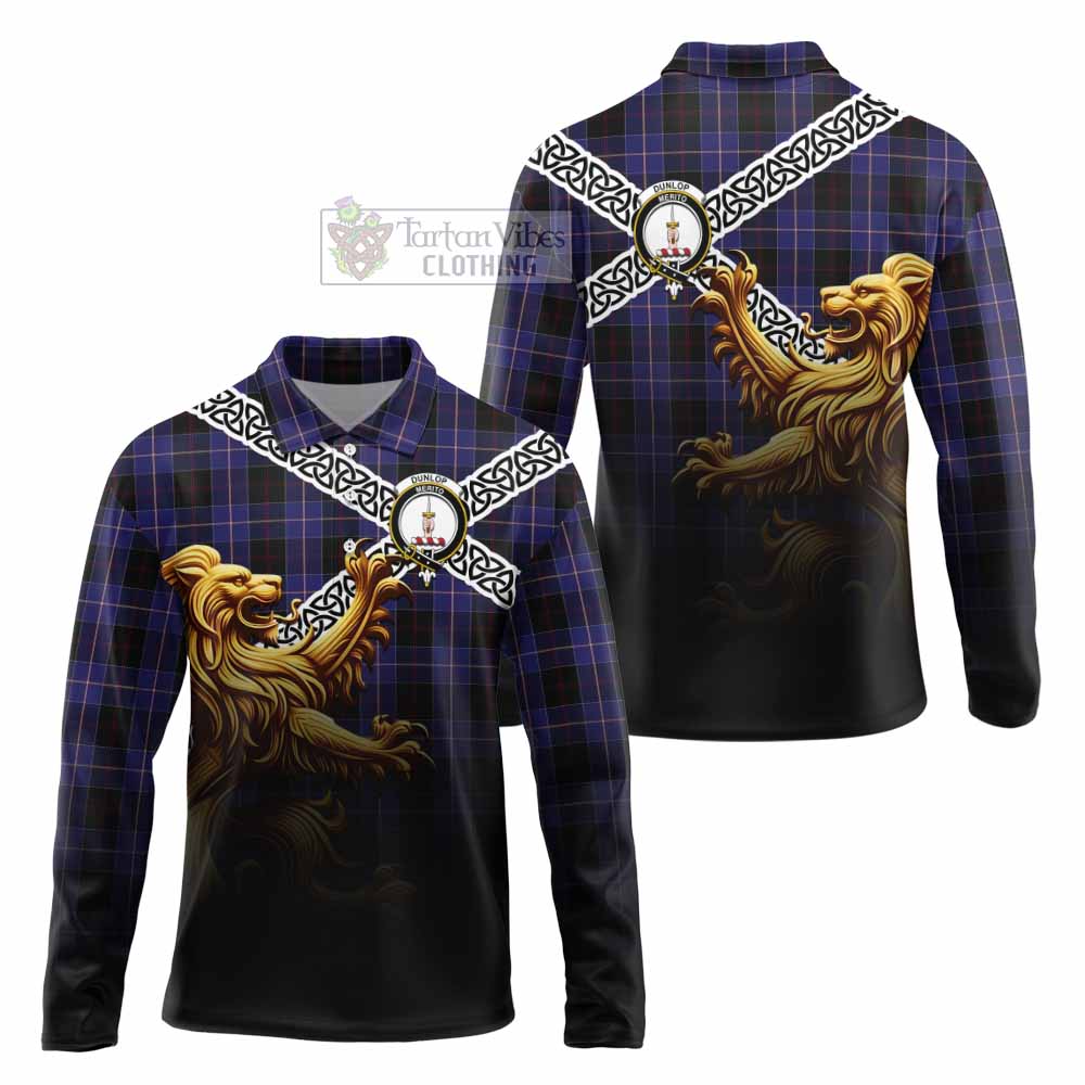 Tartan Vibes Clothing Dunlop Crest Tartan Long Sleeve Polo Shirt with Golden Lion Emblem Celtic Style