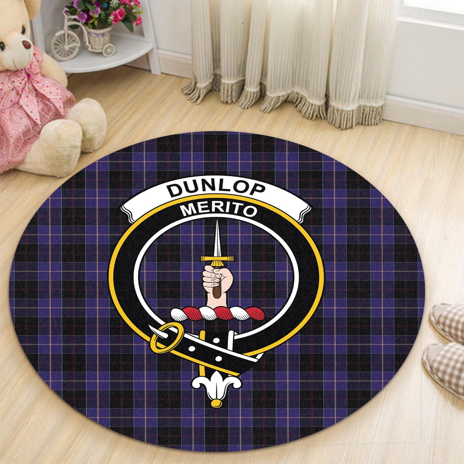 Dunlop Tartan Round Rug with Family Crest - Tartanvibesclothing