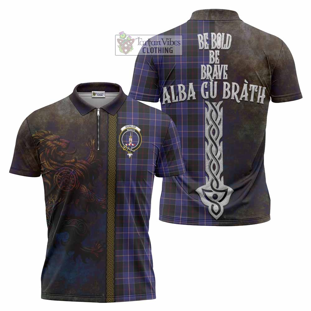 Tartan Vibes Clothing Dunlop Tartan Family Crest Zipper Polo Shirt Alba Gu Brath Be Brave Lion Ancient Style