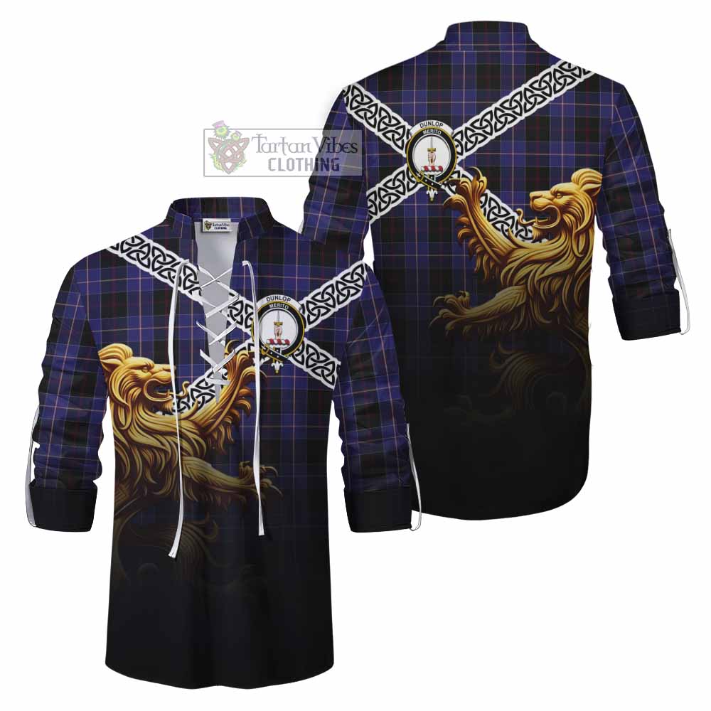 Tartan Vibes Clothing Dunlop Crest Tartan Ghillie Kilt Shirt with Golden Lion Emblem Celtic Style