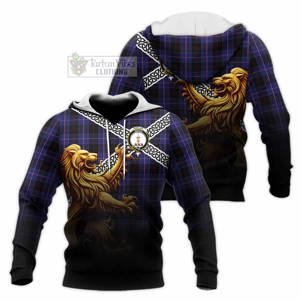 Tartan Vibes Clothing Dunlop Crest Tartan Knitted Hoodie with Golden Lion Emblem Celtic Style