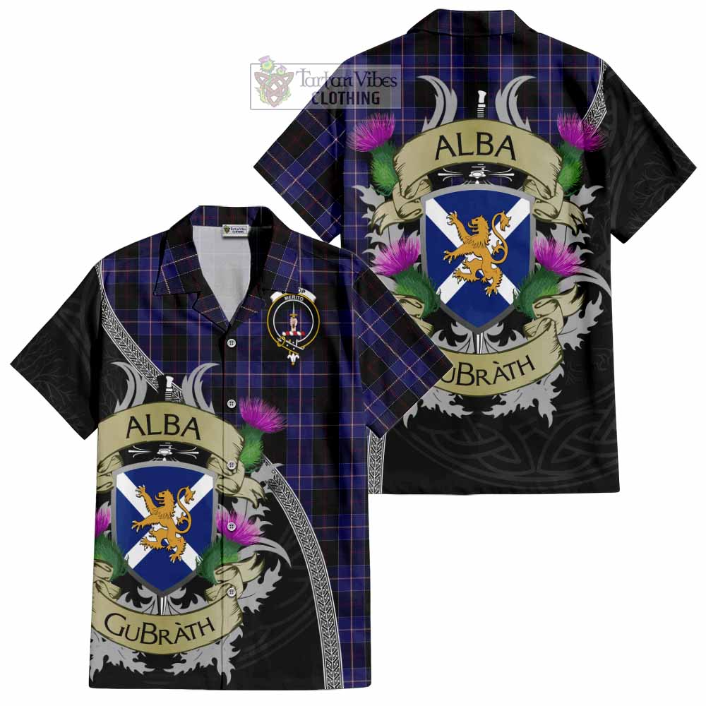 Tartan Vibes Clothing Dunlop Tartan Family Crest Short Sleeve Button Shirt Lion Rampant Royal Thistle Shield Celtic Inspired