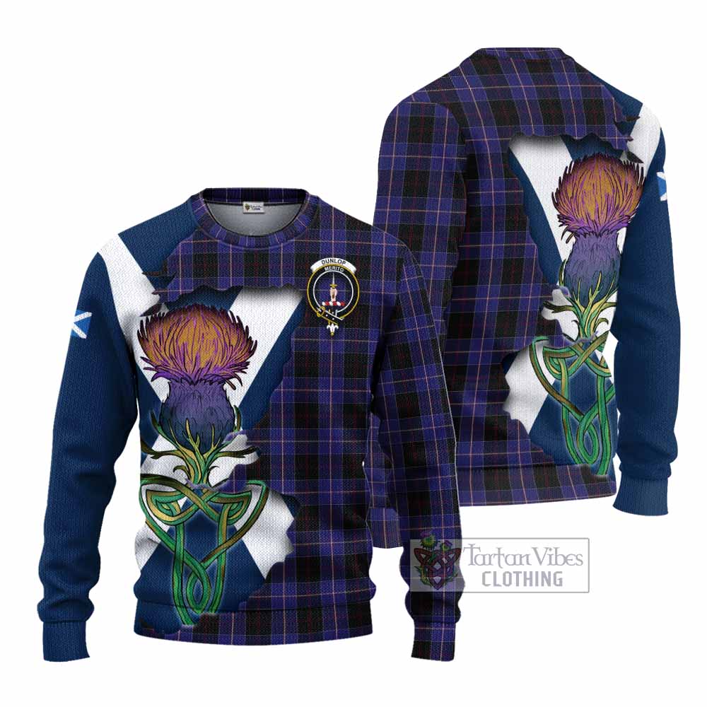 Tartan Vibes Clothing Dunlop Tartan Family Crest Knitted Sweater Scottish Thistle Celtic Inspired