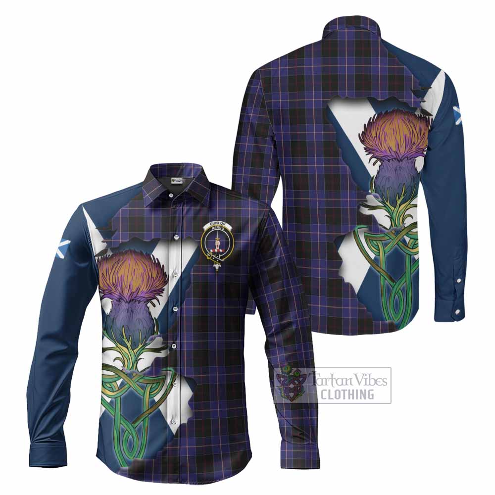 Tartan Vibes Clothing Dunlop Tartan Family Crest Long Sleeve Button Shirt Scottish Thistle Celtic Inspired
