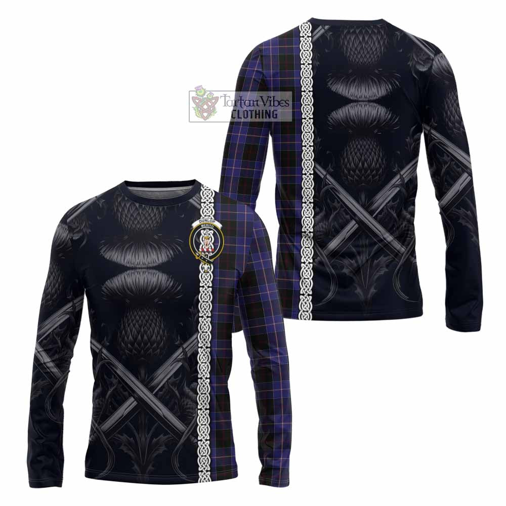 Tartan Vibes Clothing Dunlop Tartan Long Sleeve T-Shirt with Family Crest Cross Sword Thistle Celtic Vibes