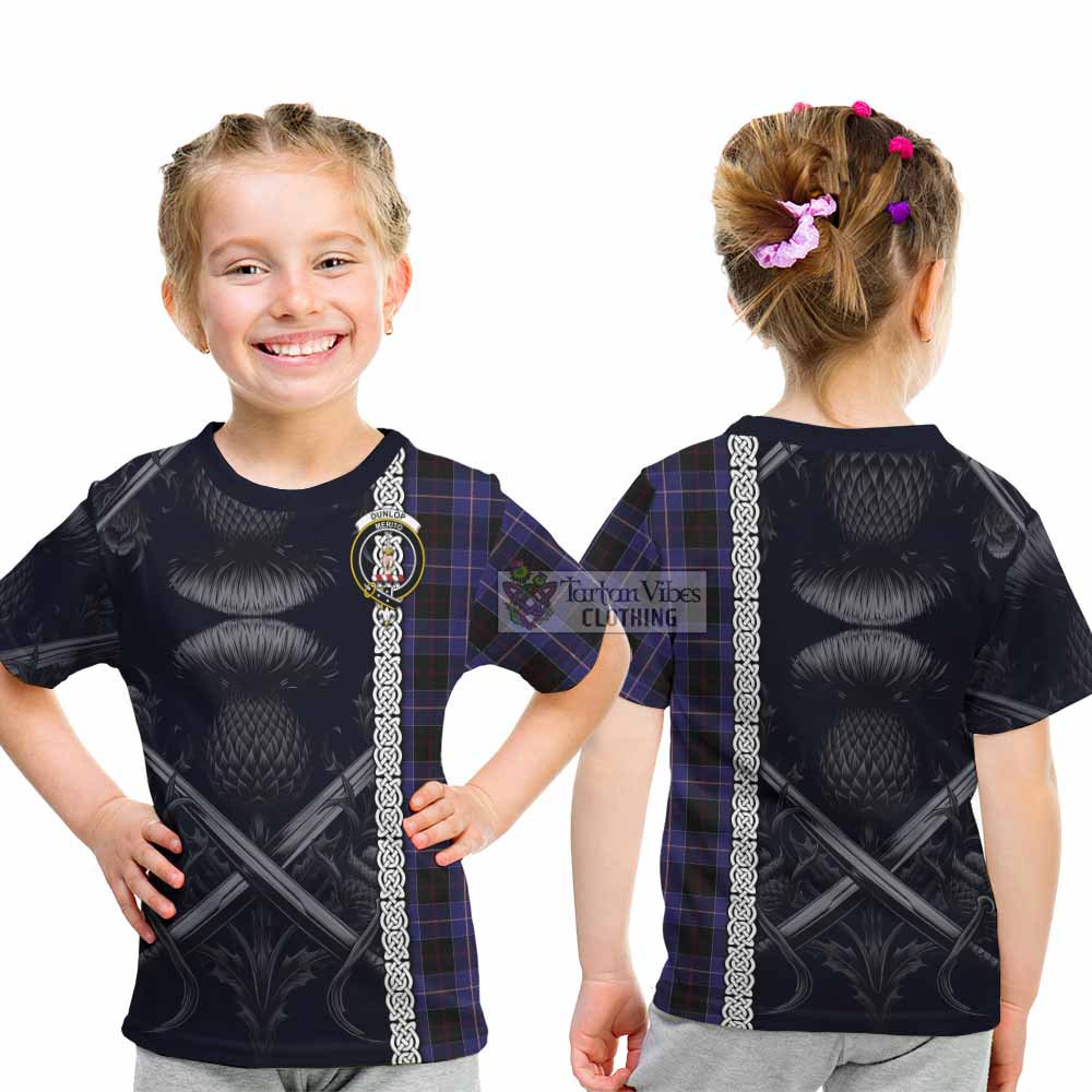 Tartan Vibes Clothing Dunlop Tartan Kid T-Shirt with Family Crest Cross Sword Thistle Celtic Vibes
