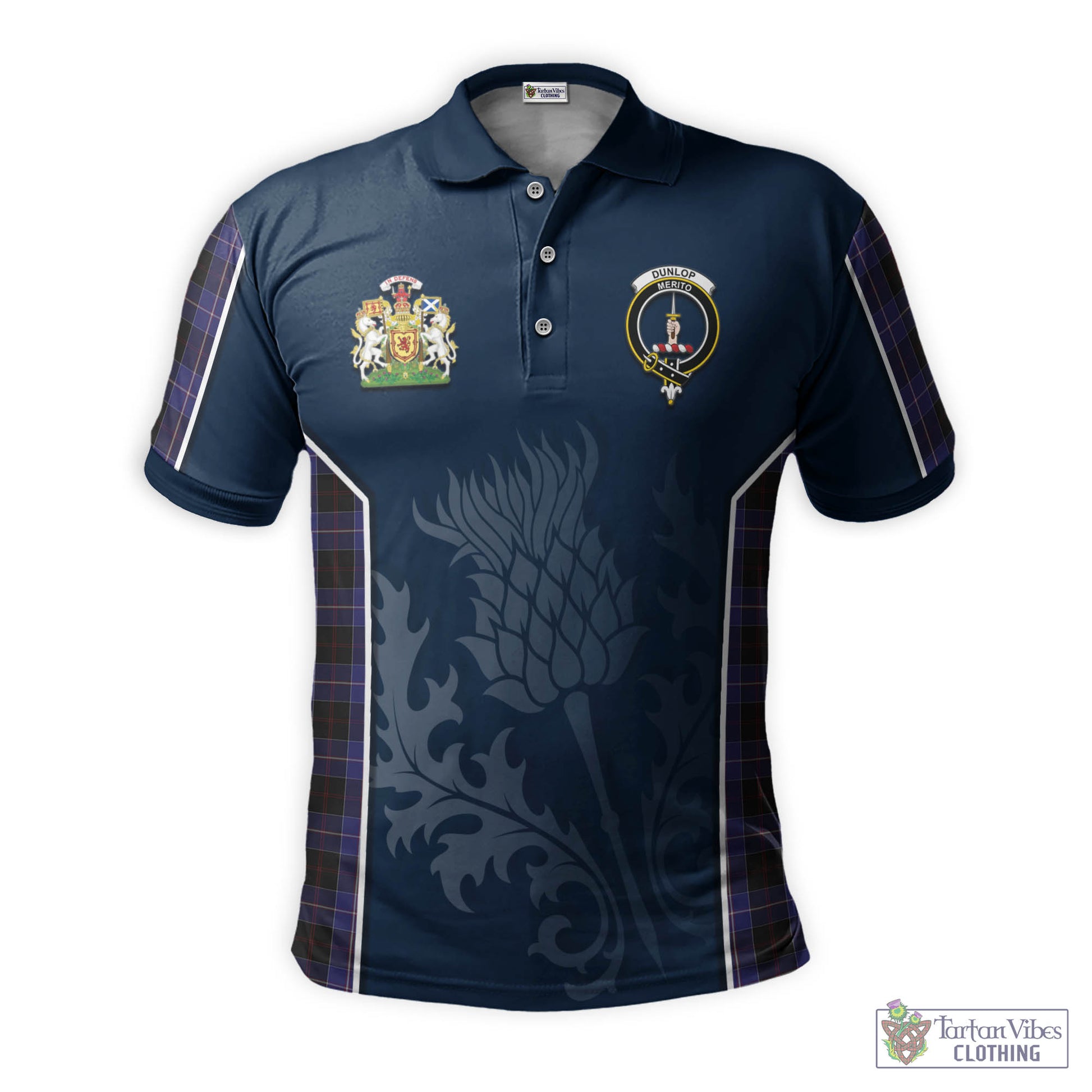 Tartan Vibes Clothing Dunlop Tartan Men's Polo Shirt with Family Crest and Scottish Thistle Vibes Sport Style