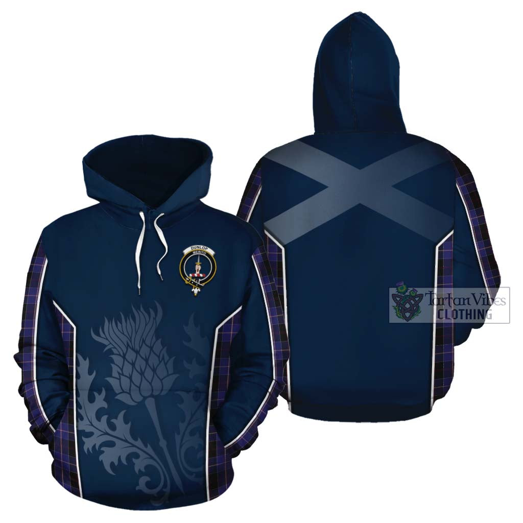 Tartan Vibes Clothing Dunlop Tartan Cotton Hoodie with Family Crest and Scottish Thistle Vibes Sport Style