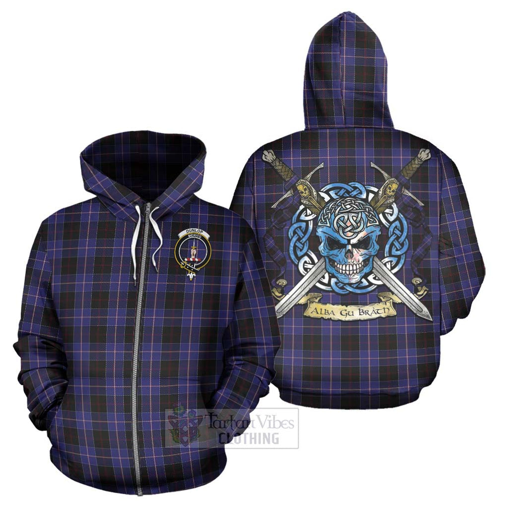 Tartan Vibes Clothing Dunlop Tartan Hoodie with Family Crest Celtic Skull Style