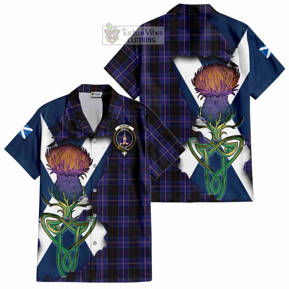 Tartan Vibes Clothing Dunlop Tartan Family Crest Short Sleeve Button Shirt Scottish Thistle Celtic Inspired