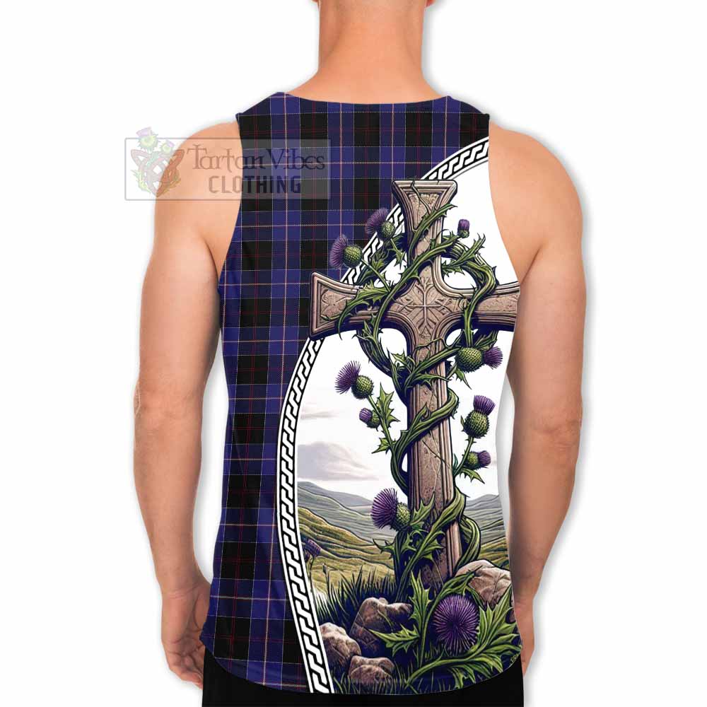 Tartan Vibes Clothing Dunlop Tartan Men's Tank Top with Family Crest and St. Andrew's Cross Accented by Thistle Vines