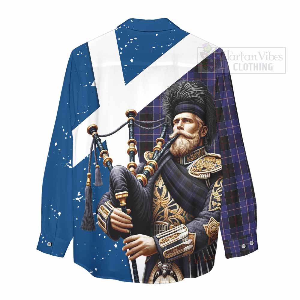 Tartan Vibes Clothing Dunlop Tartan Women's Casual Shirt with Family Crest Scottish Bagpiper Vibes