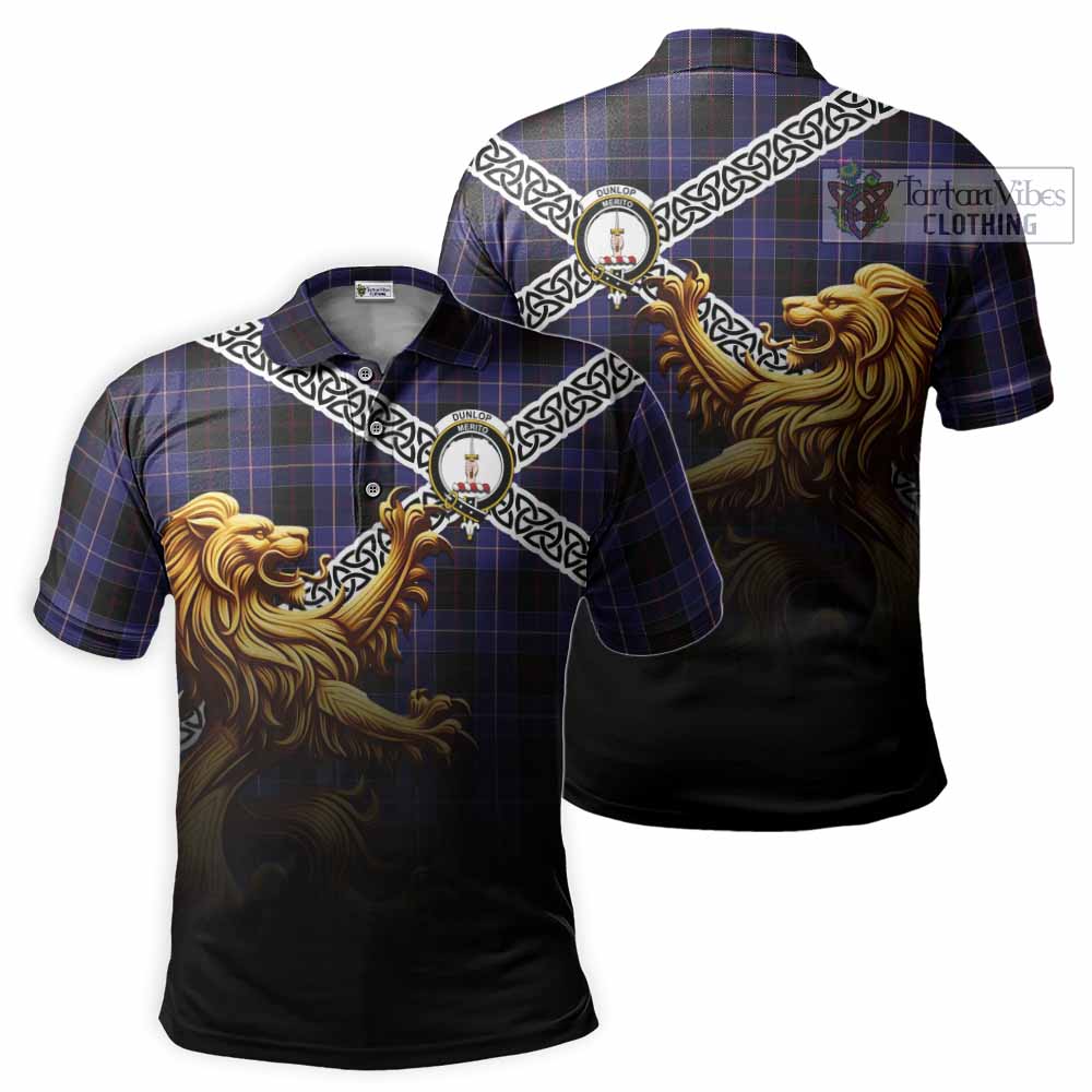 Tartan Vibes Clothing Dunlop Crest Tartan Polo Shirt with Golden Lion Emblem Celtic Style