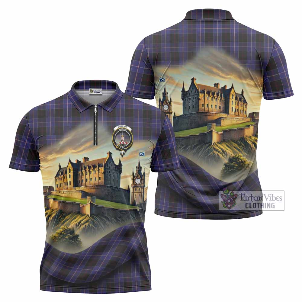 Tartan Vibes Clothing Dunlop Tartan Family Crest Zipper Polo Shirt with Scottish Ancient Castle Stype