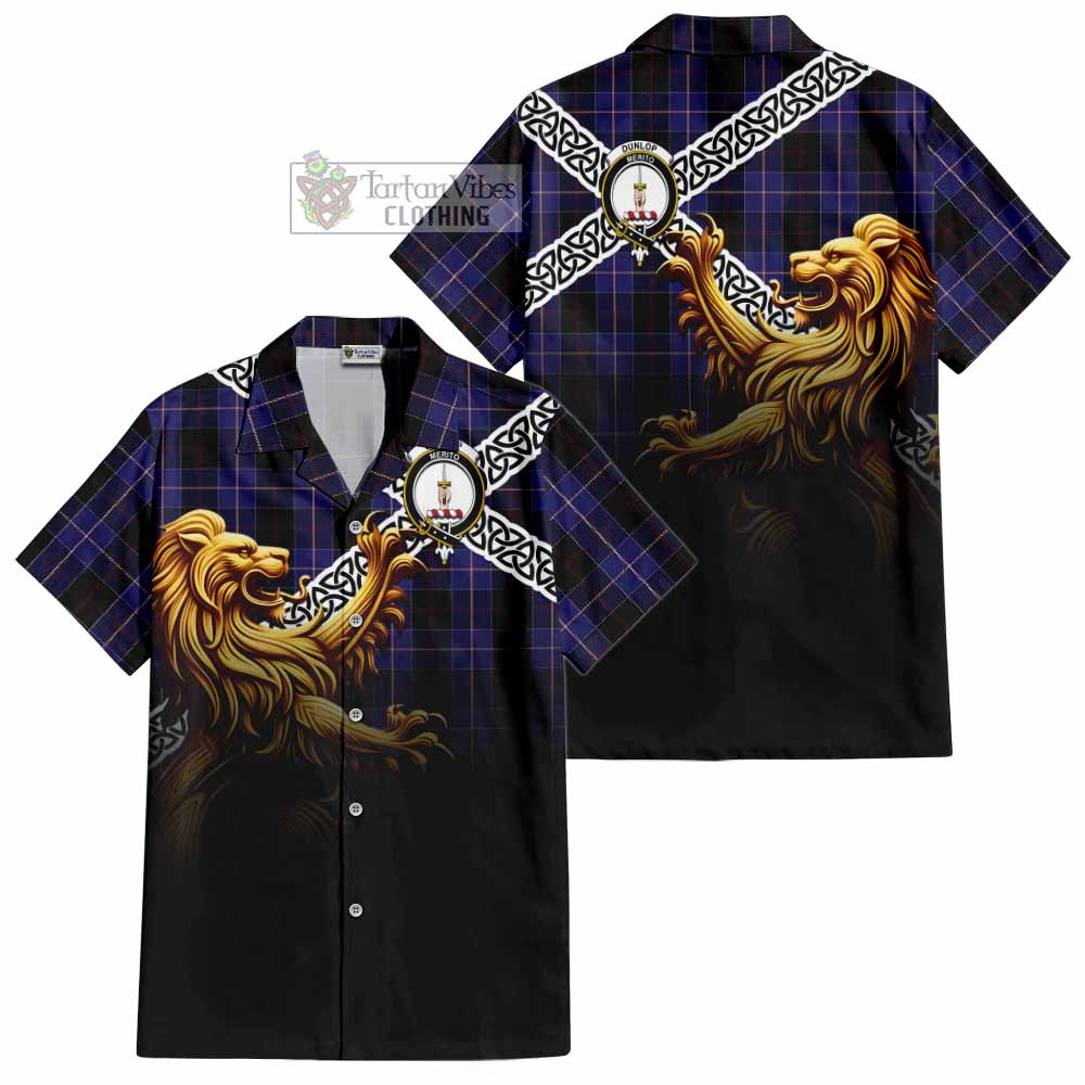 Tartan Vibes Clothing Dunlop Crest Tartan Short Sleeve Button Shirt with Golden Lion Emblem Celtic Style