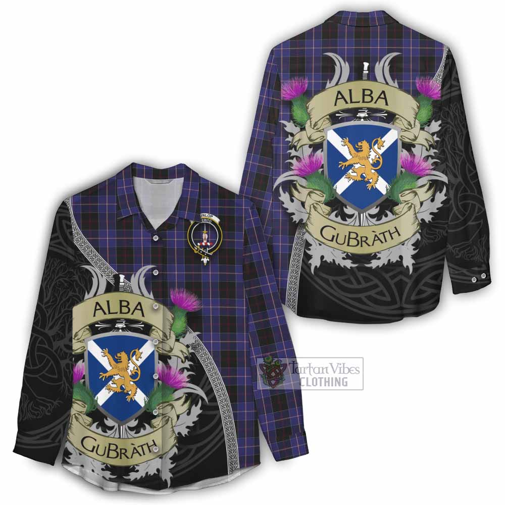 Tartan Vibes Clothing Dunlop Tartan Family Crest Women's Casual Shirt Lion Rampant Royal Thistle Shield Celtic Inspired
