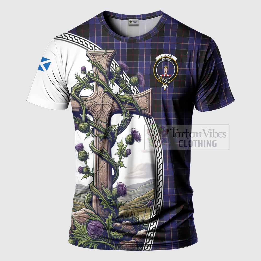 Tartan Vibes Clothing Dunlop Agnew Tartan T-Shirt with Family Crest and St. Andrew's Cross Accented by Thistle Vines