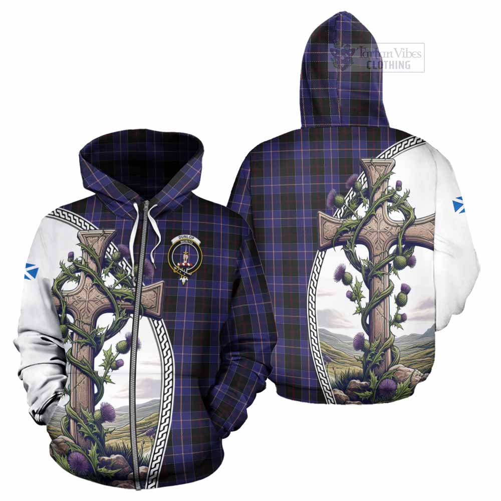 Tartan Vibes Clothing Dunlop Tartan Hoodie with Family Crest and St. Andrew's Cross Accented by Thistle Vines