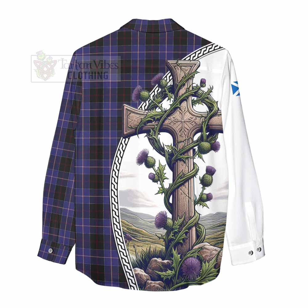 Tartan Vibes Clothing Dunlop Tartan Women's Casual Shirt with Family Crest and St. Andrew's Cross Accented by Thistle Vines