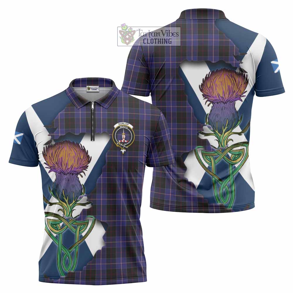 Tartan Vibes Clothing Dunlop Tartan Family Crest Zipper Polo Shirt Scottish Thistle Celtic Inspired