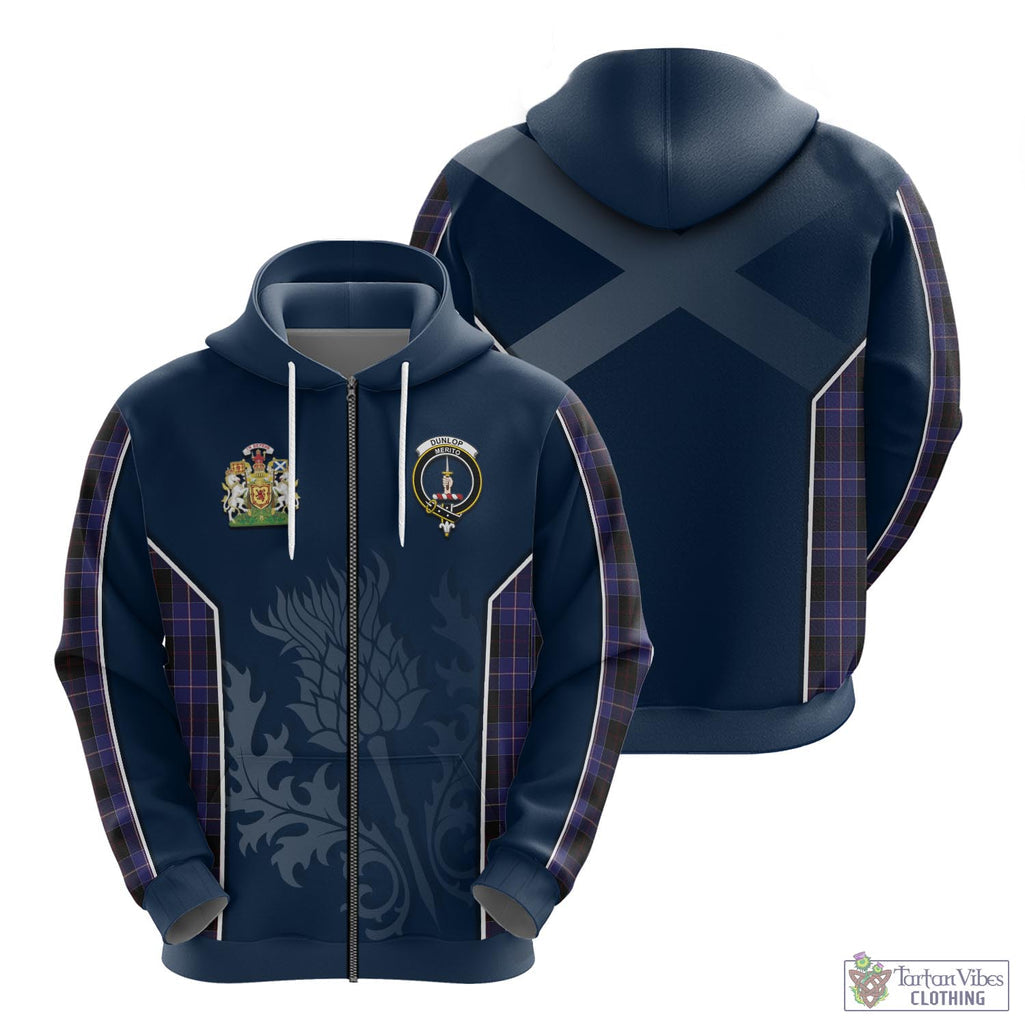 Tartan Vibes Clothing Dunlop Tartan Hoodie with Family Crest and Scottish Thistle Vibes Sport Style