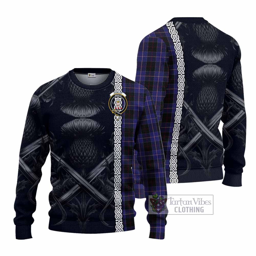 Tartan Vibes Clothing Dunlop Tartan Knitted Sweater with Family Crest Cross Sword Thistle Celtic Vibes