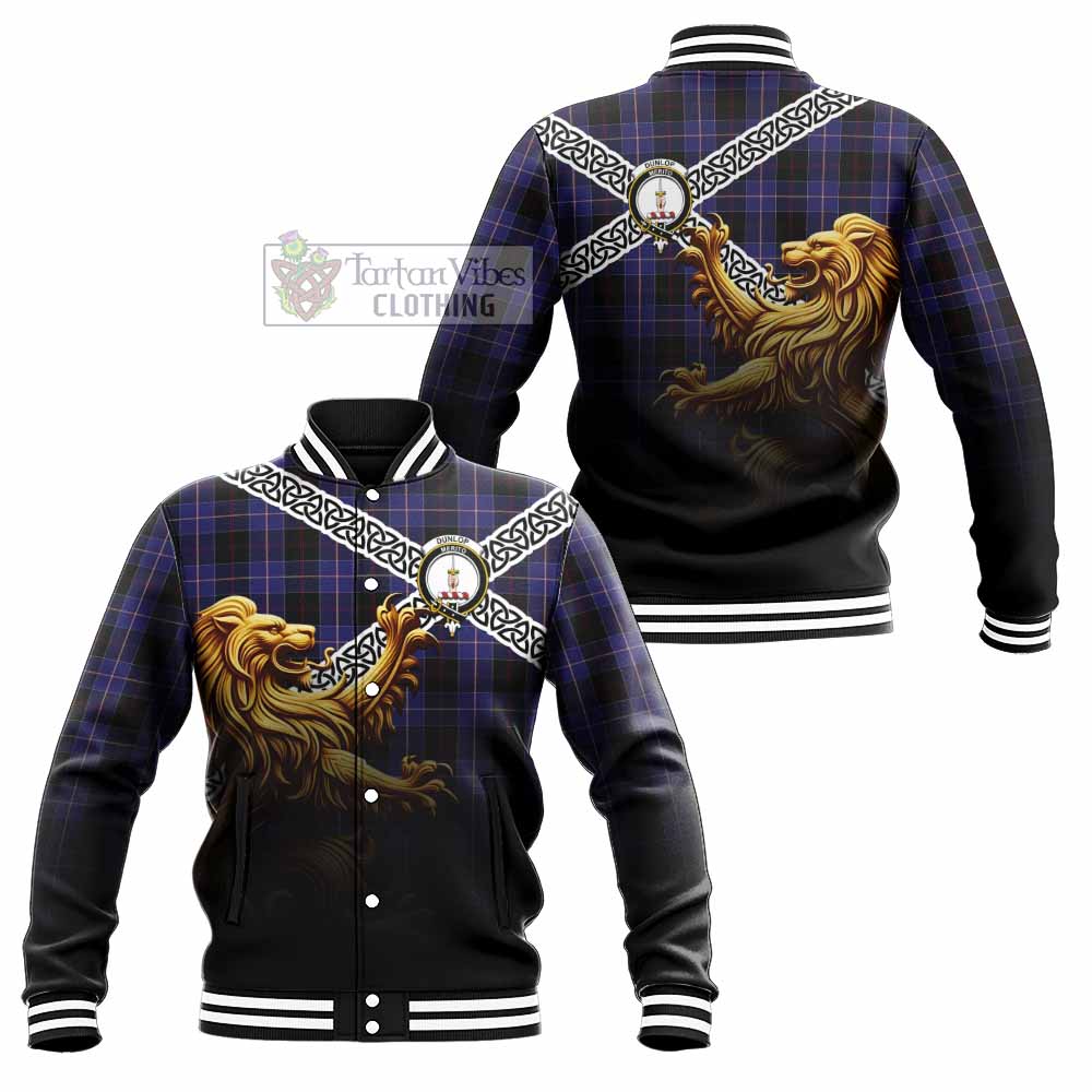 Tartan Vibes Clothing Dunlop Crest Tartan Baseball Jacket with Golden Lion Emblem Celtic Style