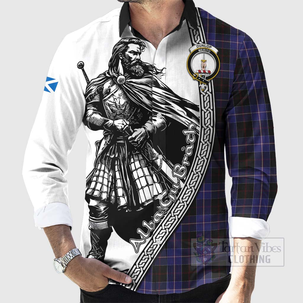 Tartan Vibes Clothing Dunlop Tartan Clan Crest Long Sleeve Button Shirt with Highlander Warrior Celtic Style