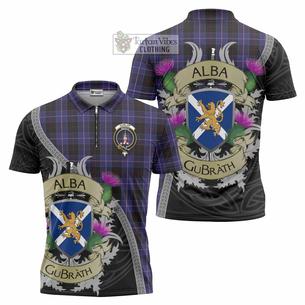 Tartan Vibes Clothing Dunlop Tartan Family Crest Zipper Polo Shirt Lion Rampant Royal Thistle Shield Celtic Inspired