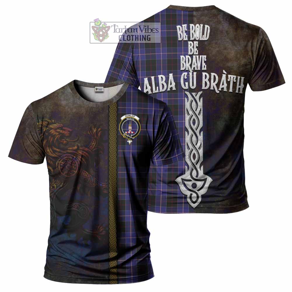 Tartan Vibes Clothing Dunlop Tartan Family Crest T-Shirt Alba Gu Brath Be Brave Lion Ancient Style