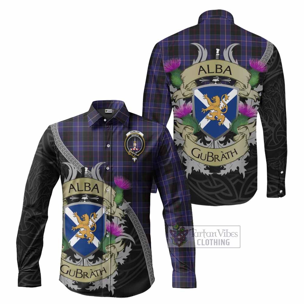 Tartan Vibes Clothing Dunlop Tartan Family Crest Long Sleeve Button Shirt Lion Rampant Royal Thistle Shield Celtic Inspired