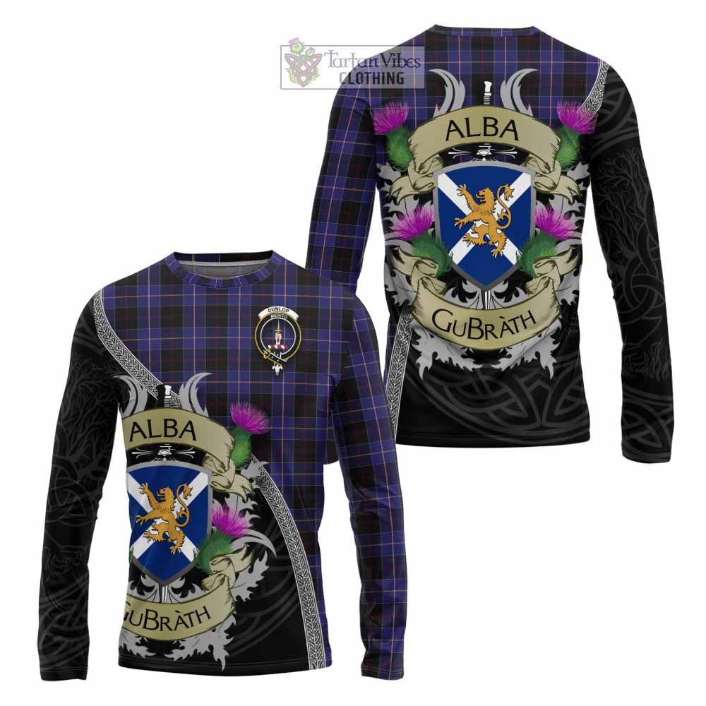 Tartan Vibes Clothing Dunlop Tartan Family Crest Long Sleeve T-Shirt Lion Rampant Royal Thistle Shield Celtic Inspired