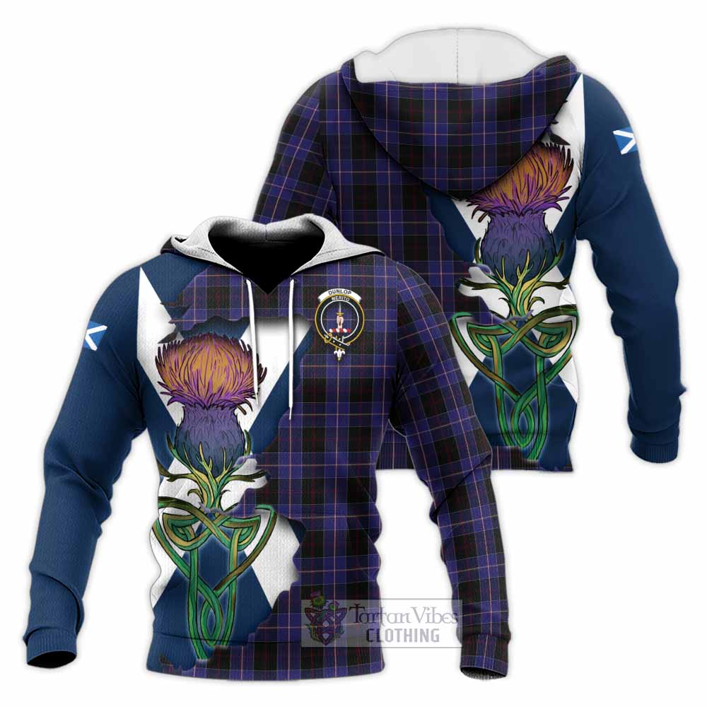 Tartan Vibes Clothing Dunlop Tartan Family Crest Knitted Hoodie Scottish Thistle Celtic Inspired
