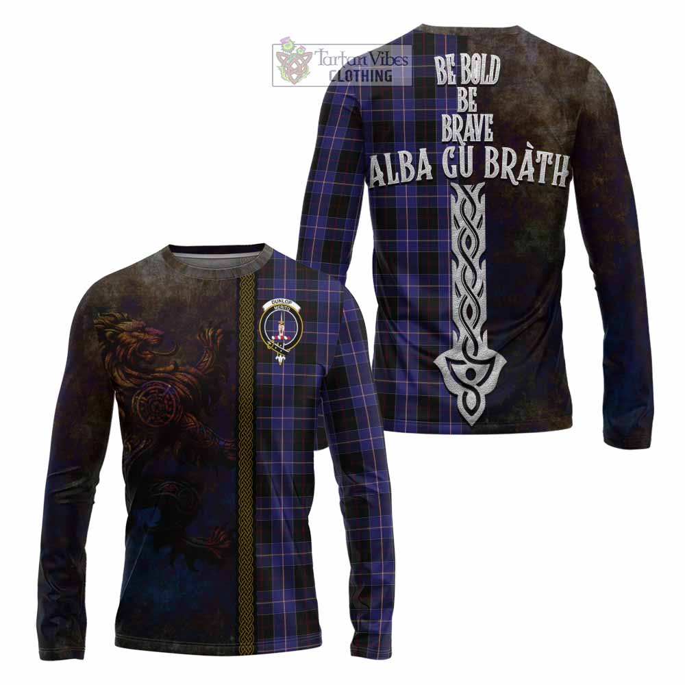 Tartan Vibes Clothing Dunlop Tartan Family Crest Long Sleeve T-Shirt Alba Gu Brath Be Brave Lion Ancient Style