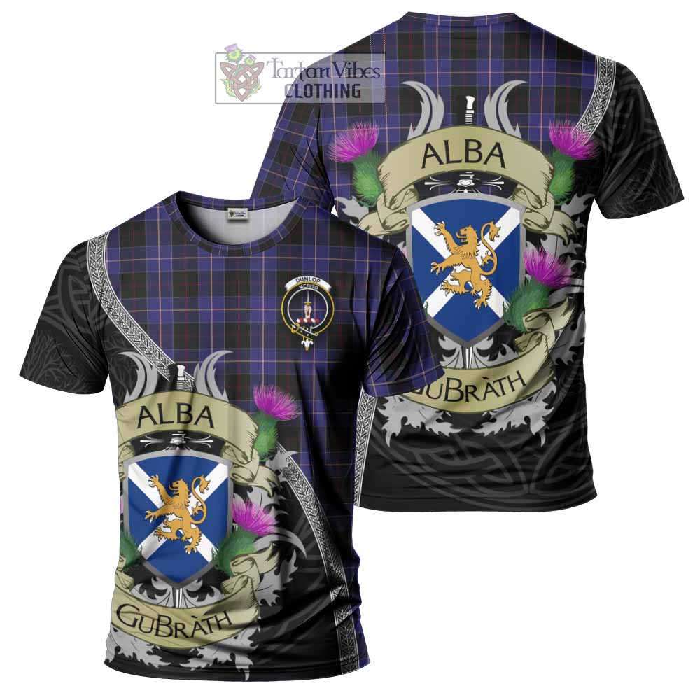 Tartan Vibes Clothing Dunlop Tartan Family Crest T-Shirt Lion Rampant Royal Thistle Shield Celtic Inspired