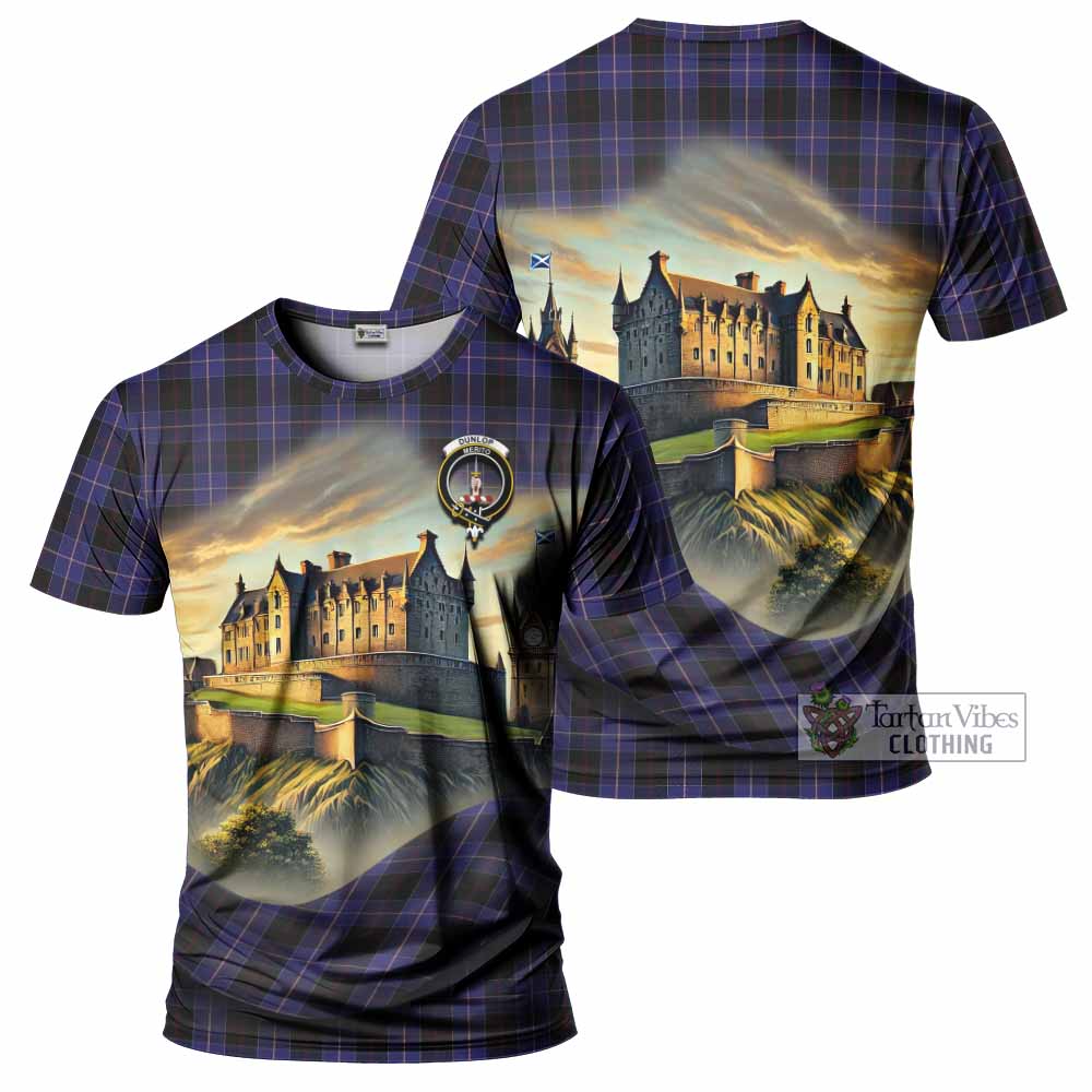 Tartan Vibes Clothing Dunlop Tartan Family Crest T-Shirt with Scottish Ancient Castle Stype