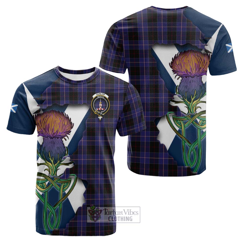 Tartan Vibes Clothing Dunlop Tartan Family Crest Cotton T-shirt Scottish Thistle Celtic Inspired