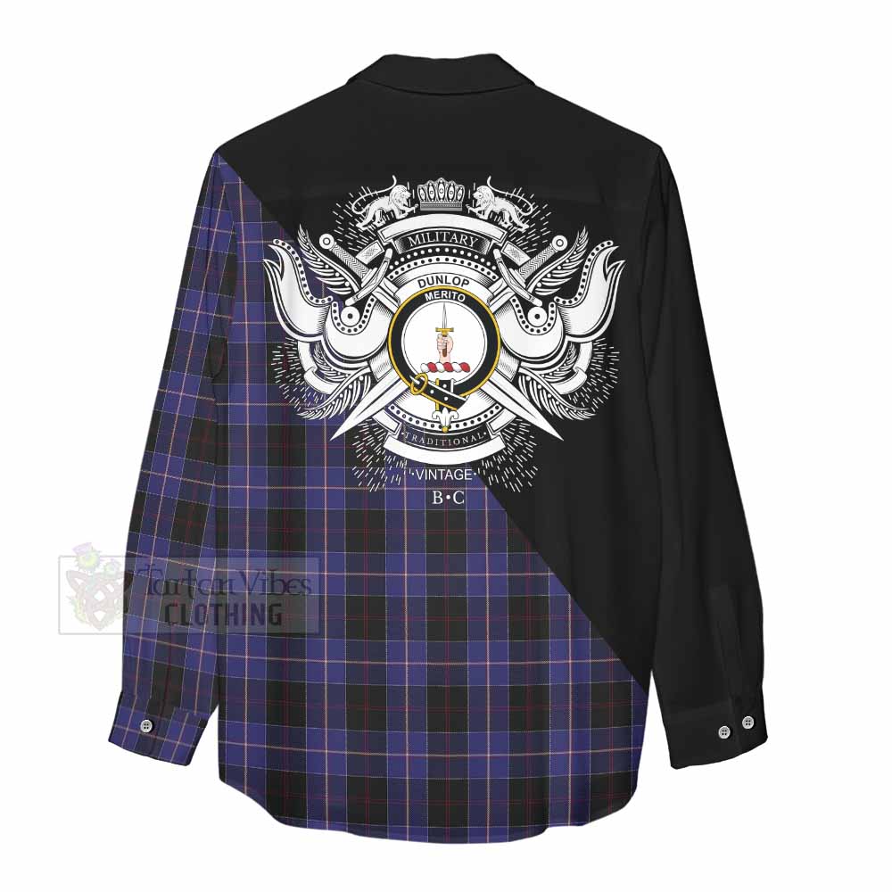 Tartan Vibes Clothing Dunlop Tartan Women's Casual Shirt with Family Crest and Military Logo Style