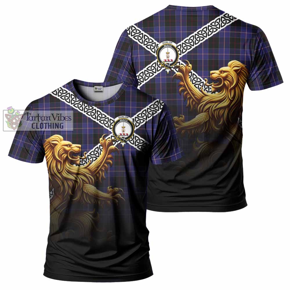 Tartan Vibes Clothing Dunlop Crest Tartan T-Shirt with Golden Lion Emblem Celtic Style