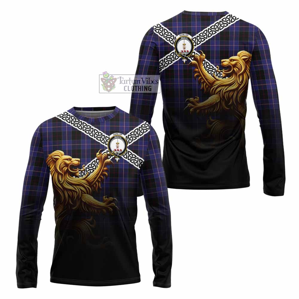 Tartan Vibes Clothing Dunlop Crest Tartan Long Sleeve T-Shirt with Golden Lion Emblem Celtic Style